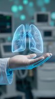 Doctor holding glowing lungs hologram in medical laboratory environment for healthcare, respiratory disease treatment, and pulmonary medicine concepts.