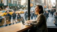 Young professional woman working on laptop in urban cafe with city street view and yellow taxis visible through window during golden hour lighting.