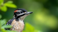 Close up portrait of spotted woodpecker with black, white and peach colored feathers against blurred green natural background, showing detailed head and beak features.