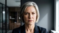Mature woman with gray hair wearing dark blazer in modern office setting, professional portrait for corporate business use.