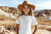 Young Caucasian girl wearing white t-shirt and brown hat smiling outdoors in desert landscape with mountains, dry grass and blue sky in background. Natural lighting.