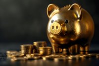 Golden piggy bank with stacked coins on dark background, symbolizing wealth, savings and financial planning. Money management concept for banking and investment.