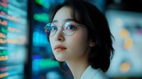 Young Asian woman wearing round glasses looking up thoughtfully against blurred digital display background showing financial market data and trading information.
