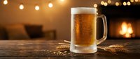 Frothy golden beer mug on rustic wooden table with warm string lights and cozy fireplace creating perfect pub atmosphere for relaxation and socializing.