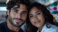 Young diverse couple sharing intimate moment, Hispanic man with beard and curly hair, African American woman with natural curls smiling at camera, close-up portrait.