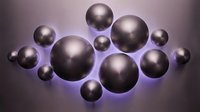 Metallic spheres of varying sizes arranged in a cluster with glowing purple light effects against a dark gradient background, suitable for abstract design, technology, and futuristic concepts.