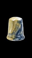 Ceramic thimble with blue and gold watercolor swirls, isolated on transparent background. Ready for clipart, print-on-demand, sublimation, and design projects.