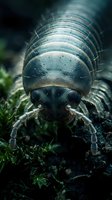 Macro close-up of pill bug roly-poly isopod crawling on moss-covered soil in natural garden habitat with water droplets on segmented exoskeleton shell.