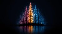 Mystical forest silhouette illuminated by colorful lights reflecting on calm water surface at night, creating magical atmosphere with pink, orange and blue glow.