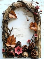 Rustic wooden arch frame decorated with autumn leaves, pine cones, and coral flowers on distressed white background, creating seasonal home decor piece.