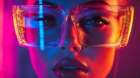 Young woman wearing oversized transparent glasses with neon lighting effects in vibrant pink and blue colors for fashion and technology concepts.