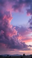 Dramatic purple and pink sunset clouds over rural landscape with rolling hills and distant mountains creating moody atmospheric sky for nature backgrounds.