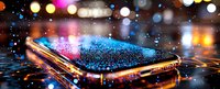 Smartphone with glowing blue and pink particles floating above screen against dark background with bokeh lights and water reflections.