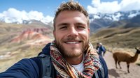 Smiling Caucasian male traveler taking selfie in mountains with snow peaks and llama in background, wearing knitted scarf and backpack, outdoor adventure lifestyle.