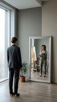 Professional woman in suit looking at artist reflection in large mirror, creative workspace with easel and plant in modern interior.