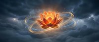 Glowing lotus flower with golden energy rings floating in dramatic stormy clouds, spiritual meditation symbol with mystical light effects and cosmic atmosphere.