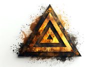 Abstract golden triangle with grunge texture effect and black paint splatter on white background, geometric shape with metallic finish and distressed edges.