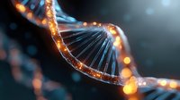 Glowing DNA strand with orange and blue illumination on dark background shows genetic research and biotechnology advancement in medical science field.