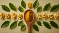 Curry powder in wooden spoon with fresh bay leaves and macadamia nuts arranged in symmetrical pattern on beige background, flat lay food composition.