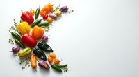 Fresh colorful vegetables arranged in dynamic composition on white background. Bell peppers, eggplant, carrots and herbs for cooking, nutrition and healthy eating concepts.