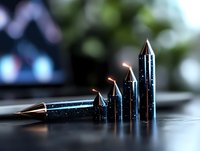 Metallic cone-shaped objects arranged in ascending order on reflective surface with glowing orange tips and sparkly texture against blurred background.