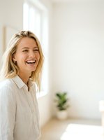 Young Caucasian woman with blonde wavy hair wearing white linen shirt, smiling brightly in modern minimalist interior with natural light from window and potted plant, suitable for lifestyle and business content.