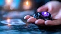 Mystical glowing purple crystal ring held in palm against dark background with soft candlelight bokeh, creating magical atmospheric mood for fantasy and spiritual designs.