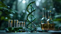 Glowing DNA molecule structure in scientific laboratory setting with test tubes and research equipment against dark background with bokeh effect.