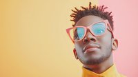 Young African American man wearing pink glasses smiling confidently against colorful gradient background. Modern fashion portrait with vibrant yellow and pink tones for lifestyle advertising.