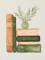 Watercolor stack of vintage books in green and peach colors with small vase of olive branches on top, gentle minimalist composition on light background.