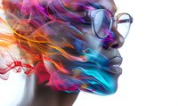 African American woman wearing glasses with vibrant colorful smoke effect flowing through profile portrait, artistic fashion concept against white background.