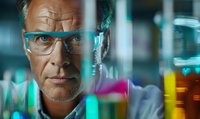 Mature male scientist with blue glasses examining laboratory samples through glass containers with colorful liquids, focused expression in modern research facility.