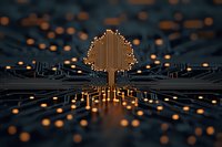 Glowing tree silhouette formed by electronic circuit paths on dark motherboard background with orange light effects, representing digital growth and technology evolution.