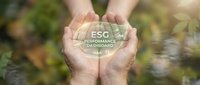 Hands protecting ESG performance dashboard concept with environmental sustainability and corporate responsibility focus for business presentations.