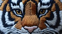 Close up macro shot of detailed embroidered tiger face showing intricate stitching and texture with orange, black and white threads creating realistic animal features.
