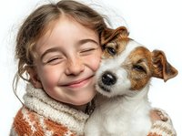 Joyful child with freckles hugging small Jack Russell terrier dog against white background, both with happy expressions in warm winter clothing.