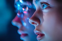 Close-up portrait of young woman's face with blue and pink bokeh light reflections creating futuristic atmosphere for beauty, technology, or sci-fi concepts.