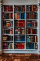 Elegant white bookshelf filled with colorful vintage leather-bound books in red, blue, and green, standing on polished wooden parquet floor in classic interior.