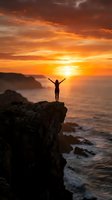 Woman silhouette with raised arms celebrating freedom on cliff edge during golden sunset over ocean waves. Inspirational achievement and success concept.