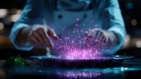 Professional chef creating magical culinary experience with glowing purple particles rising from dark plate in restaurant kitchen, dramatic lighting effect.