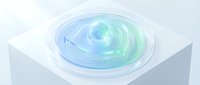 Glowing turquoise and blue swirling liquid sphere in transparent circular container on white cube, isolated on light background for design projects.