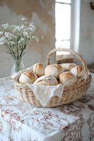 Fresh crusty bread rolls in wicker basket on vintage tablecloth, with white baby breath flowers in glass vase creating rustic kitchen atmosphere.
