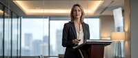 Professional businesswoman in black suit standing at podium in modern office conference room with city view windows.