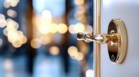 Elegant golden door handle with crystal knob against blurred bokeh lights background creates luxurious atmosphere for interior design and home decor projects.