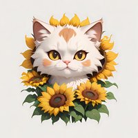 Adorable white and ginger cat face surrounded by bright yellow sunflowers, green leaves on light background. Artistic style with expressive yellow eyes.