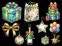 Festive gift boxes, shopping bags, balloons, bows, ornaments, champagne bottle, and star decorations isolated on transparent background. Ready for holiday designs, t-shirts, stickers, clipart, print-on-demand products, and sublimation projects.