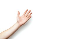 Caucasian arm and hand raised in greeting gesture against white background, isolated cutout for design and commercial use, showing open palm in welcoming position.