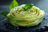 Sliced avocado arranged in rose shape with black sesame seeds and fresh basil leaves on dark stone background with water drops, macro food photography.