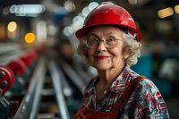 Senior Caucasian woman wearing red hard hat, glasses and overalls smiling at industrial workplace, representing active aging and professional expertise.