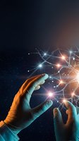Hands in medical gloves reaching toward glowing neural network connections representing artificial intelligence and healthcare technology innovation.